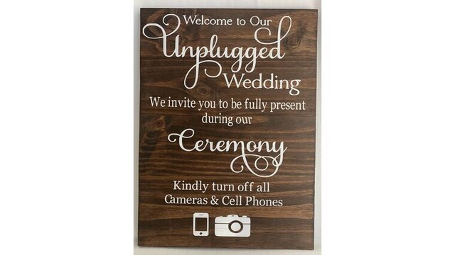 Welcome To Our Unplugged Wedding Dark Wood 16 x 12 Inch